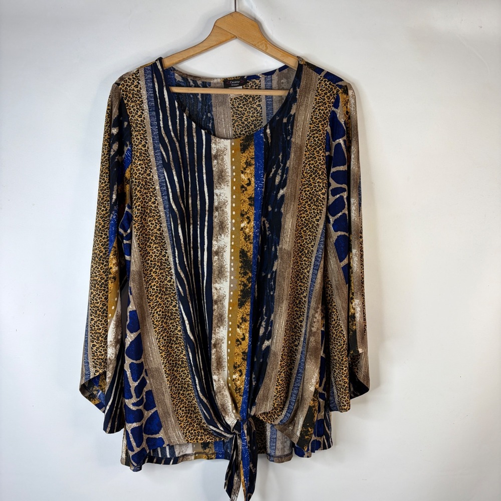 Cocomo Woman Blouse Womens 2X Multicolor Animal Print Tie Front Bell Sleeve Top